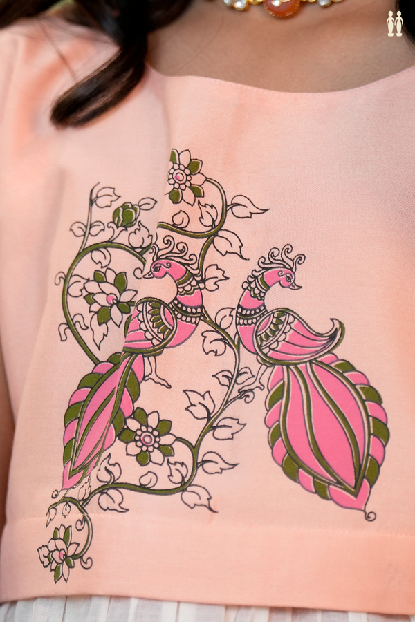 Peacock Design Peach Chanderi Cotton Pavadai Sattai