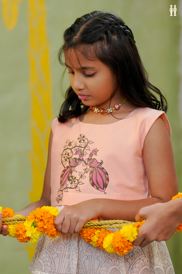 Peacock Design Peach Chanderi Cotton Pavadai Sattai