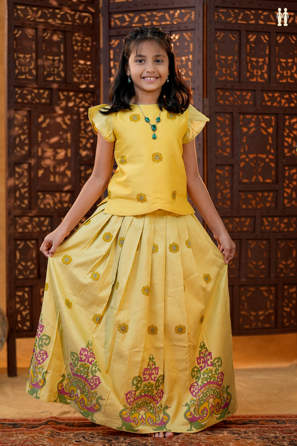 Floral Design Yellow And Khaki Chanderi Pavadai Sattai
