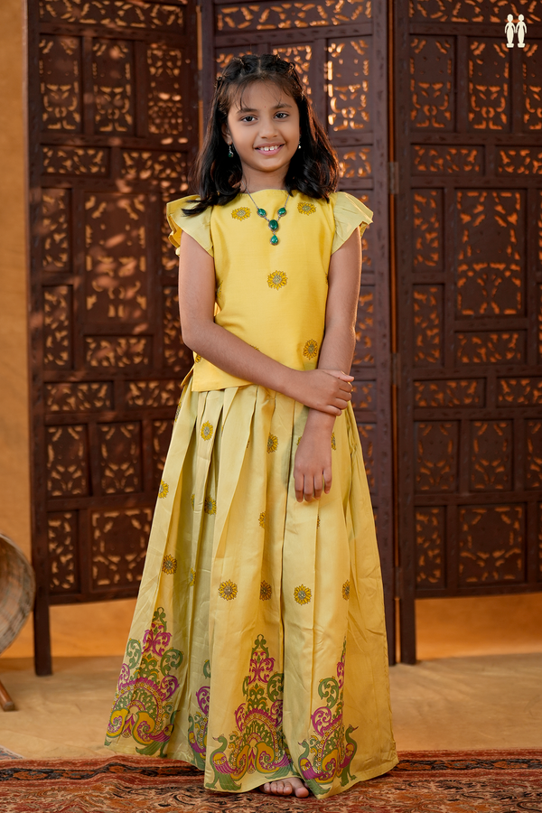 Floral Design Yellow And Khaki Chanderi Pavadai Sattai