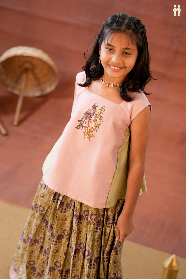 Peacock Design Light Pink And Khaki Chanderi Pavadai Sattai