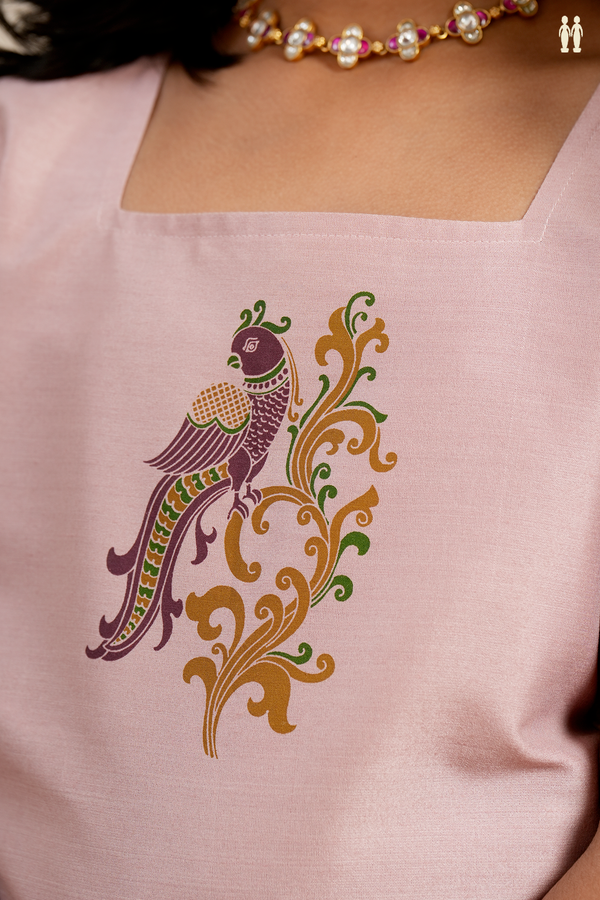 Peacock Design Light Pink And Khaki Chanderi Pavadai Sattai
