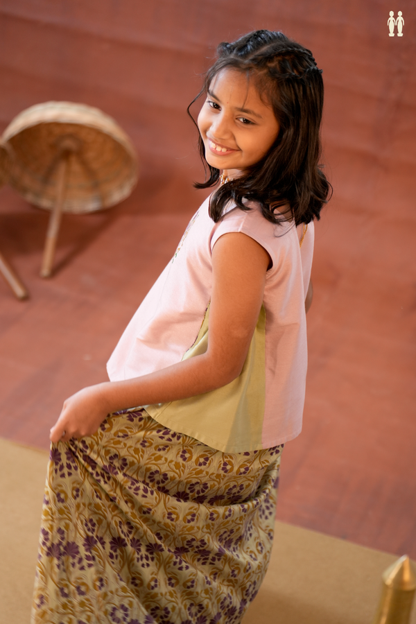 Peacock Design Light Pink And Khaki Chanderi Pavadai Sattai