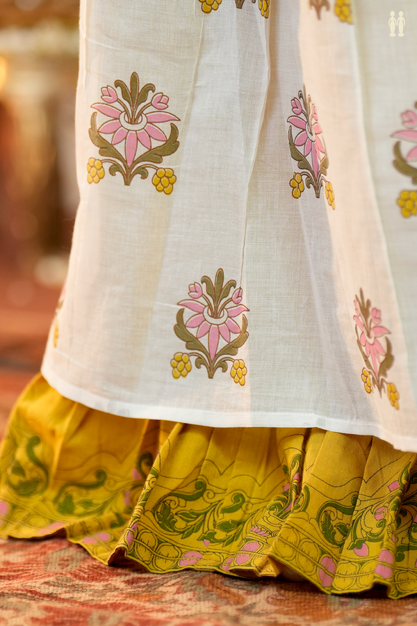 Floral And Leaf Design Yellow And White Chanderi Pavadai Sattai