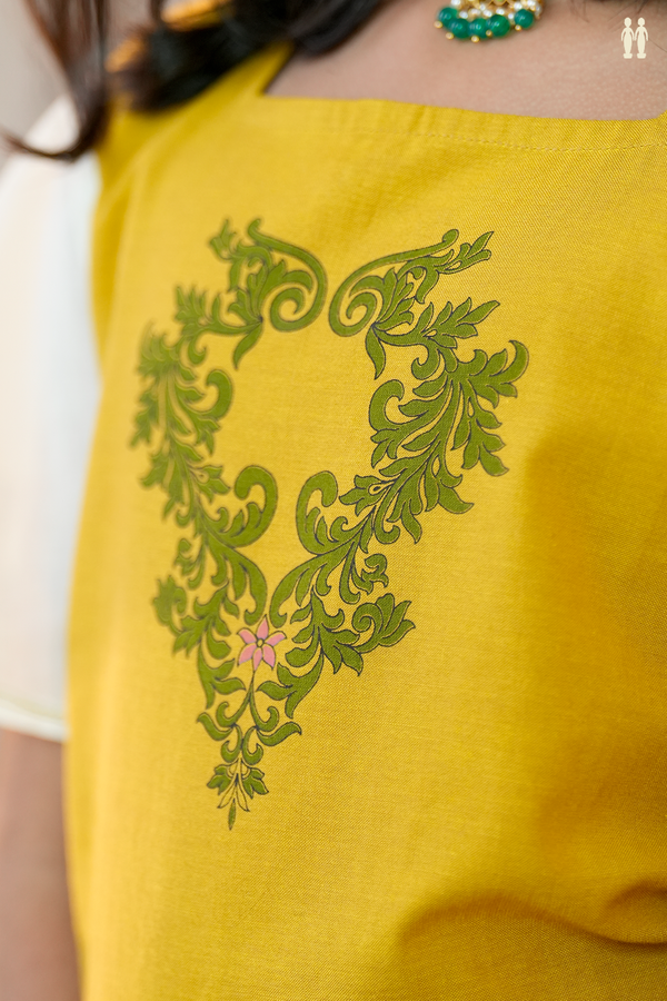 Floral And Leaf Design Yellow And White Chanderi Pavadai Sattai