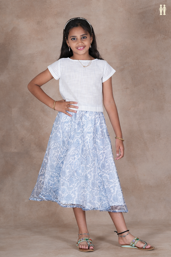 Round Neck Floral Design White Skirt And Top