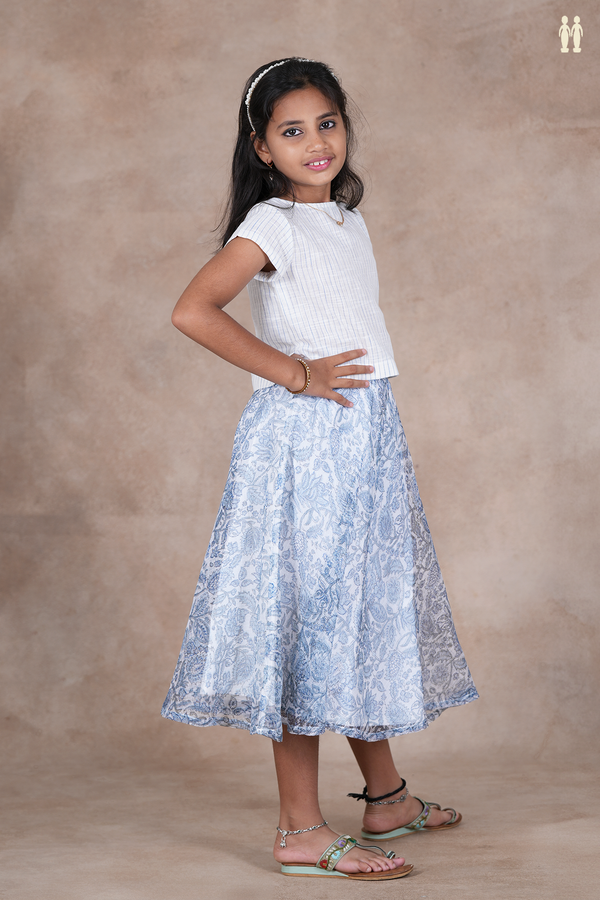 Round Neck Floral Design White Skirt And Top