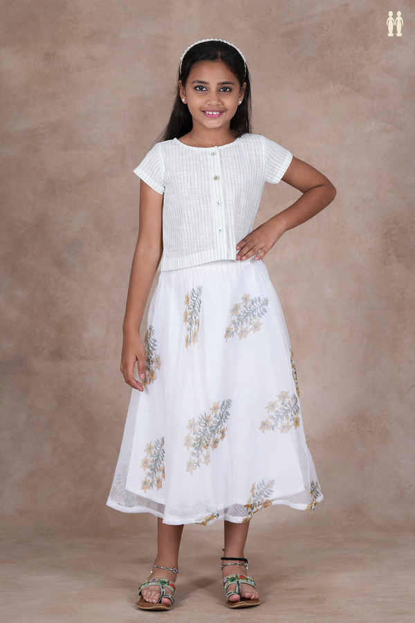 Round Neck Floral Design White Skirt And Top