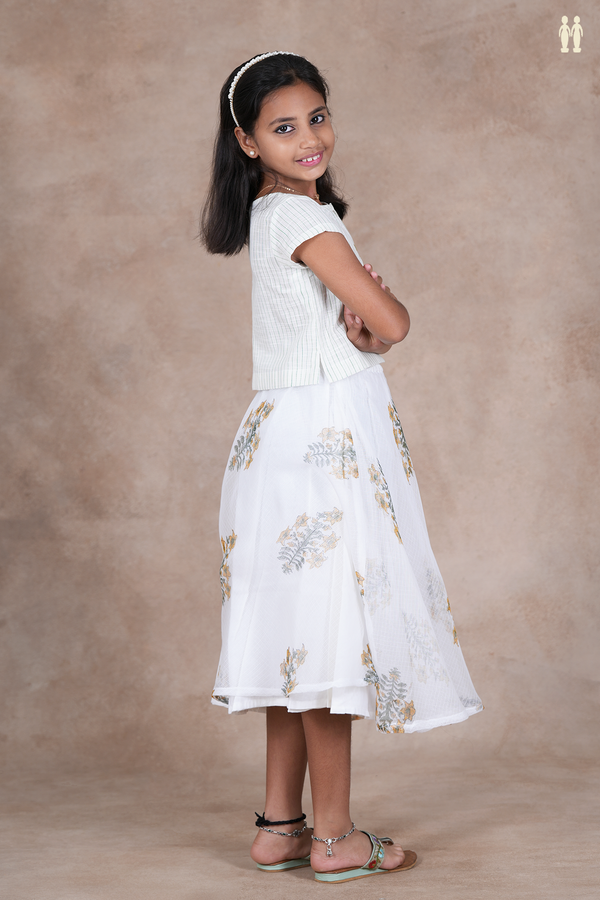 Round Neck Floral Design White Skirt And Top