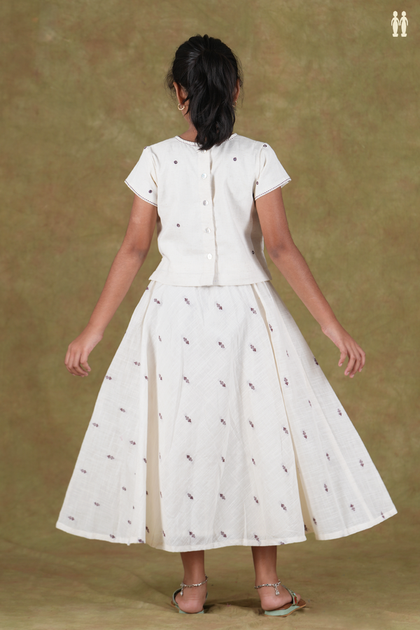 V- Neck Threadwork Buttas White Cotton Pavadai Sattai
