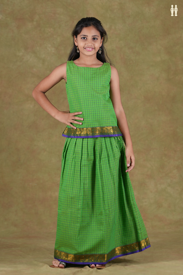 Boat Neck Checks Design Green Cotton Pavadai Sattai