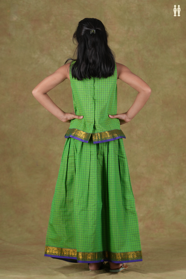 Boat Neck Checks Design Green Cotton Pavadai Sattai