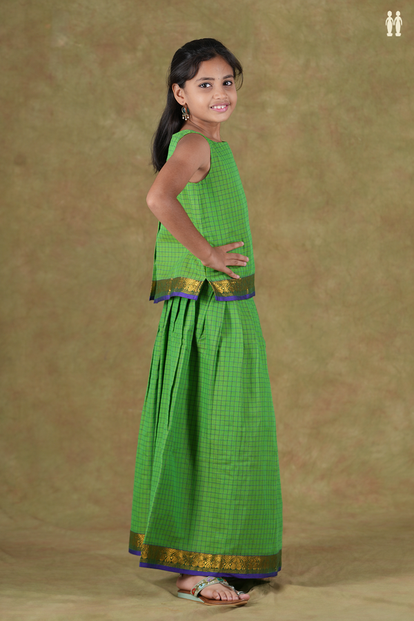 Boat Neck Checks Design Green Cotton Pavadai Sattai
