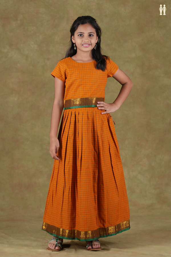 Round Neck Checks Design Orange Cotton Pavadai Sattai