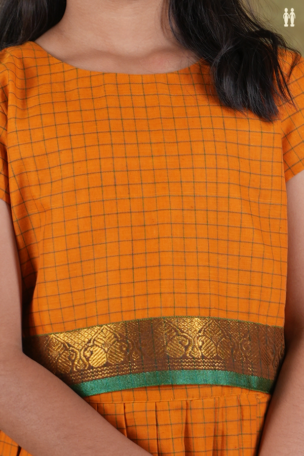 Round Neck Checks Design Orange Cotton Pavadai Sattai