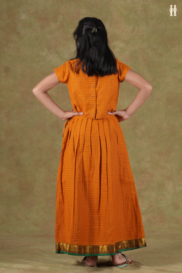 Round Neck Checks Design Orange Cotton Pavadai Sattai