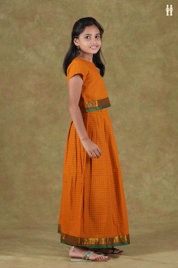 Round Neck Checks Design Orange Cotton Pavadai Sattai