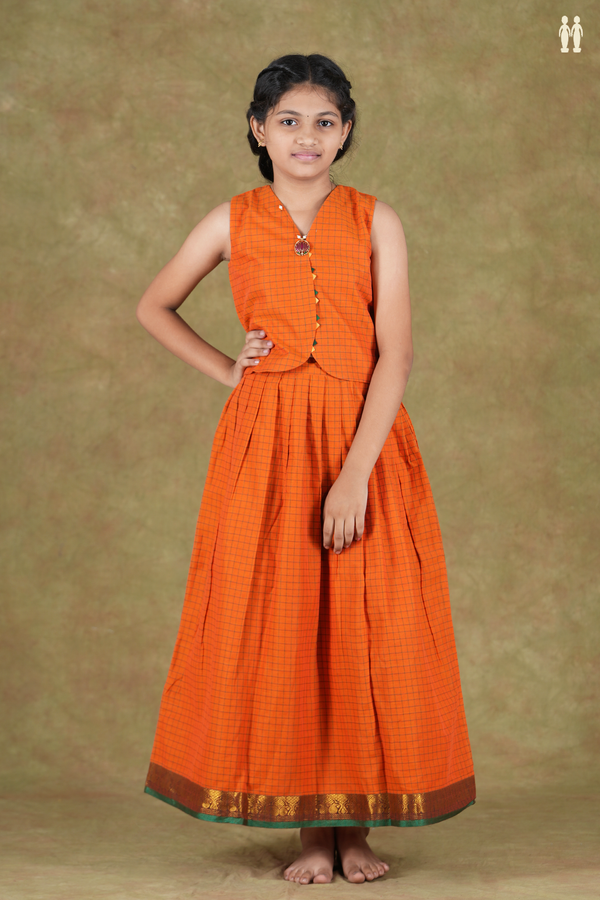 V-Neck Checks Design Orange Cotton Pavadai Sattai