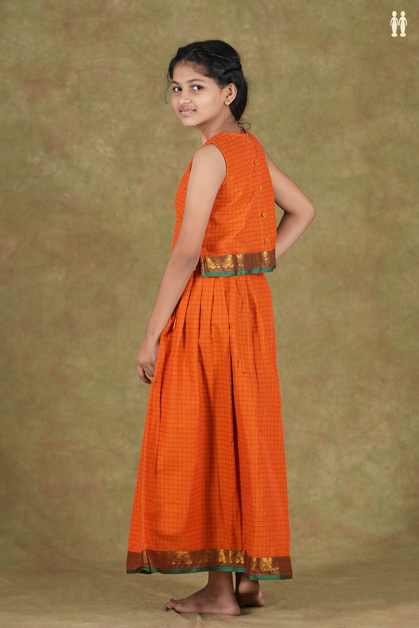 V-Neck Checks Design Orange Cotton Pavadai Sattai