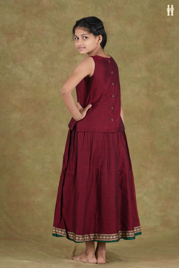 Round Neck Threadwork Design Maroon Cotton Pavadai Sattai