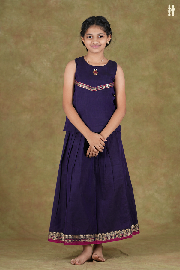Round Neck Plain Deep Purple Cotton Pavadai Sattai
