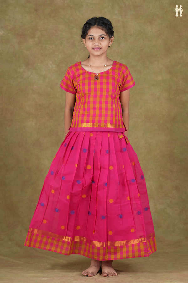 Checks Design Pink And Brown Cotton Pavadai Sattai