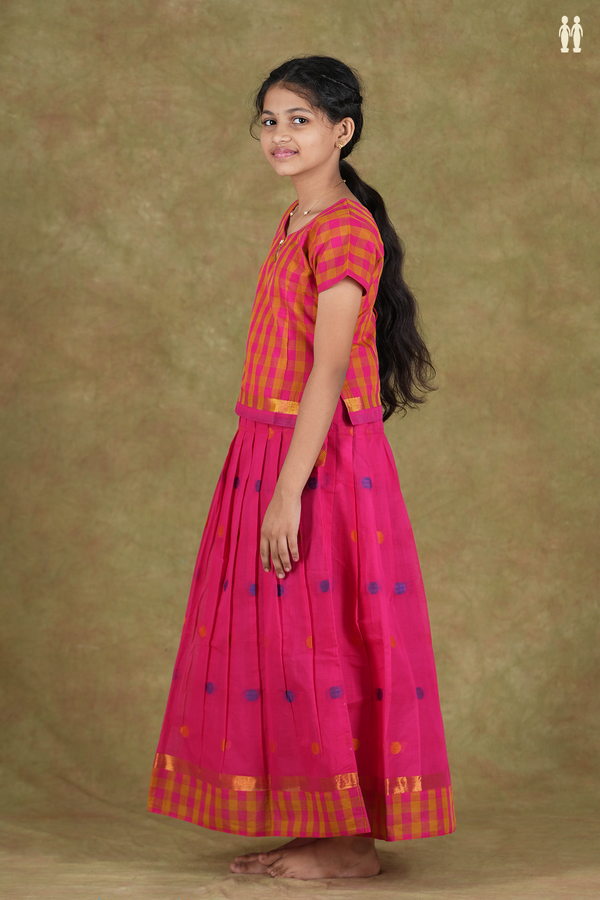 Checks Design Pink And Brown Cotton Pavadai Sattai