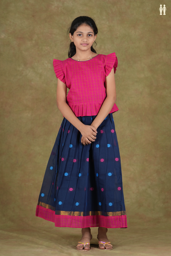 Threadwork Buttas Magenta And Blue Cotton Pavadai Sattai
