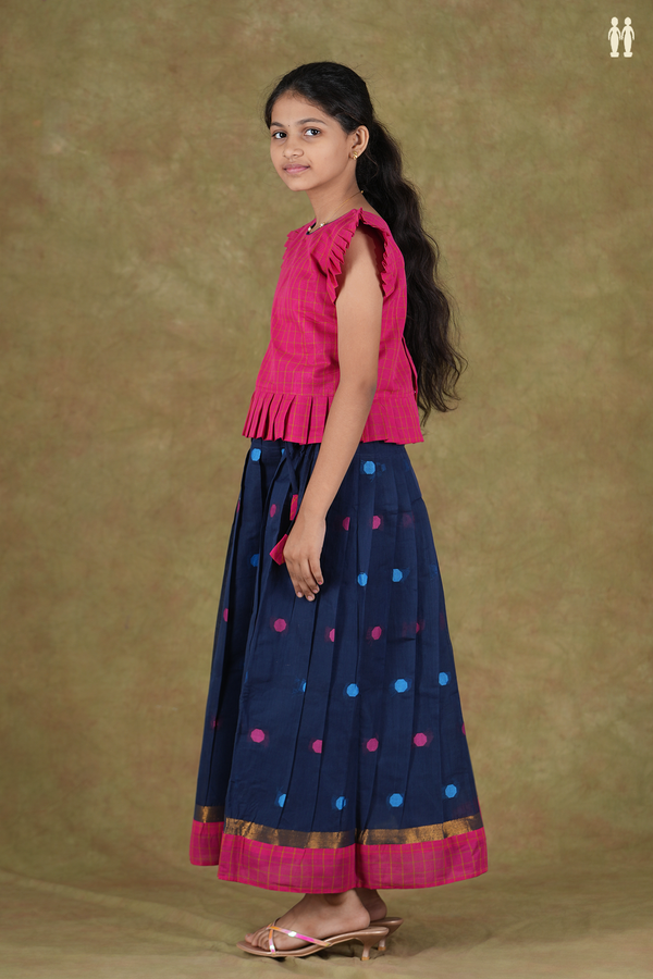 Threadwork Buttas Magenta And Blue Cotton Pavadai Sattai