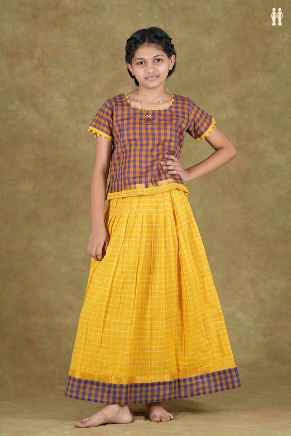 Round Neck Checks Blue And Yellow Cotton Pavadai Sattai