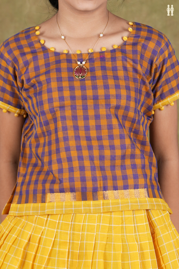 Round Neck Checks Blue And Yellow Cotton Pavadai Sattai