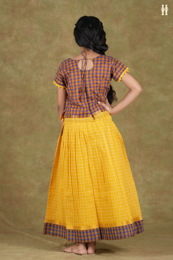 Round Neck Checks Blue And Yellow Cotton Pavadai Sattai