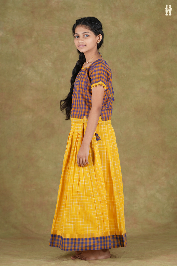 Round Neck Checks Blue And Yellow Cotton Pavadai Sattai