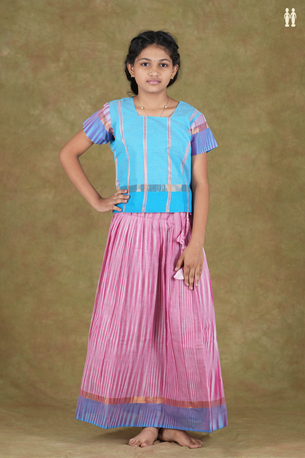 Stripes Design Blue And Pink Cotton Pavadai Sattai