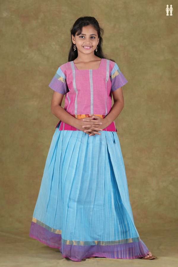 Stripes Design Pink And Blue Cotton Pavadai Sattai