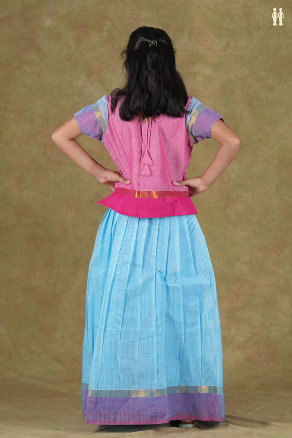 Stripes Design Pink And Blue Cotton Pavadai Sattai