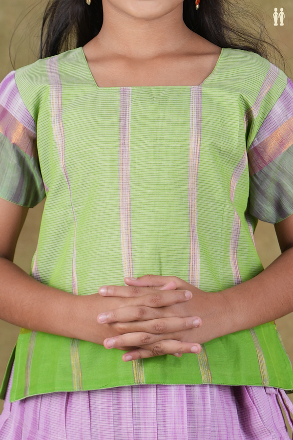 Stripes Design Green And Purple Cotton Pavadai Sattai