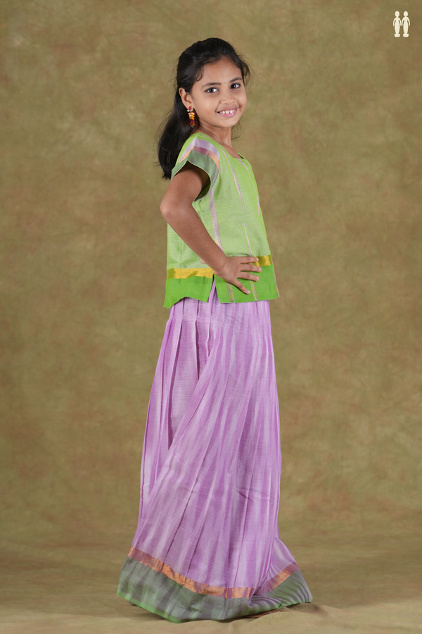 Stripes Design Green And Purple Cotton Pavadai Sattai