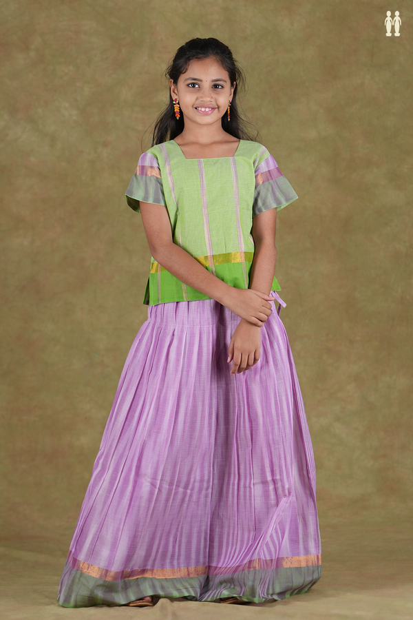 Stripes Design Green And Purple Cotton Pavadai Sattai
