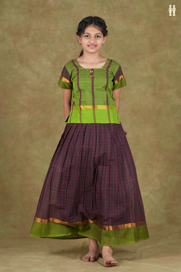 Checks Design Green And Brown Cotton Pavadai Sattai