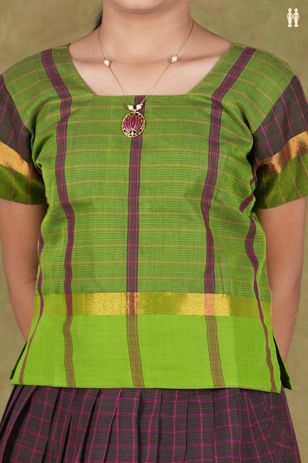 Checks Design Green And Brown Cotton Pavadai Sattai