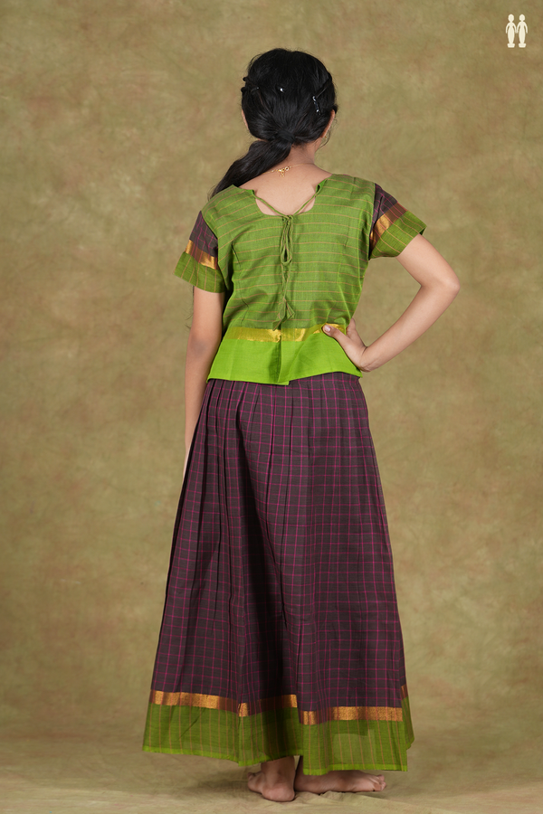 Checks Design Green And Brown Cotton Pavadai Sattai