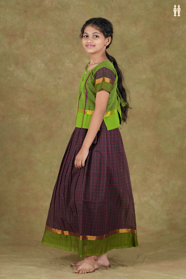 Checks Design Green And Brown Cotton Pavadai Sattai