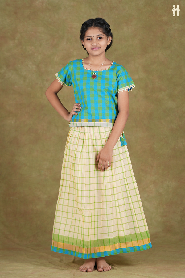 Round Neck Checks Green And Blue Kora Cotton Pavadai Sattai