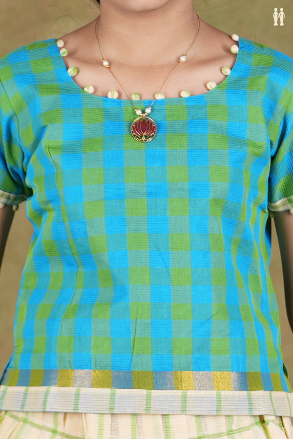 Round Neck Checks Green And Blue Kora Cotton Pavadai Sattai