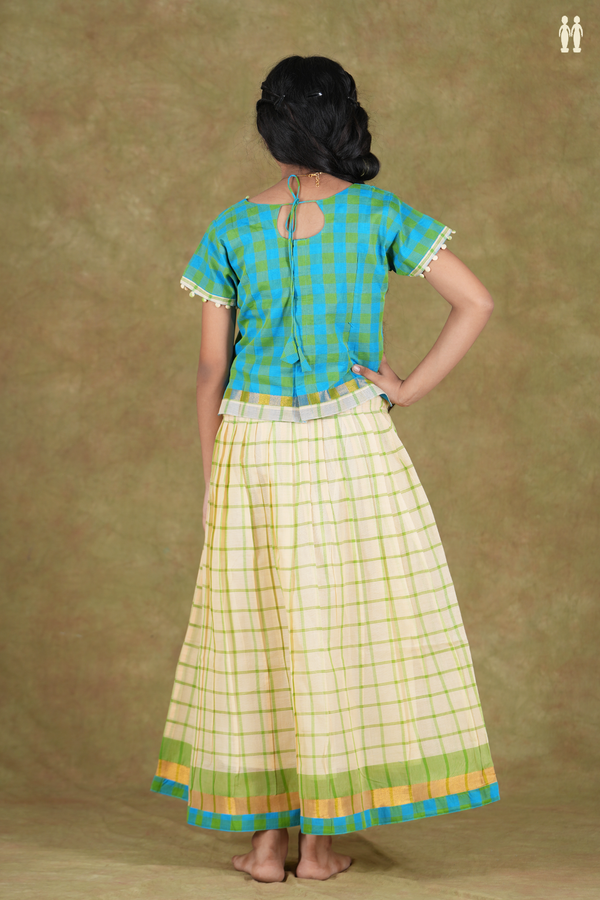 Round Neck Checks Green And Blue Kora Cotton Pavadai Sattai