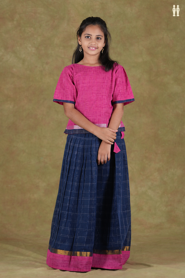 Checks Design Pink And Blue Cotton Pavadai Sattai