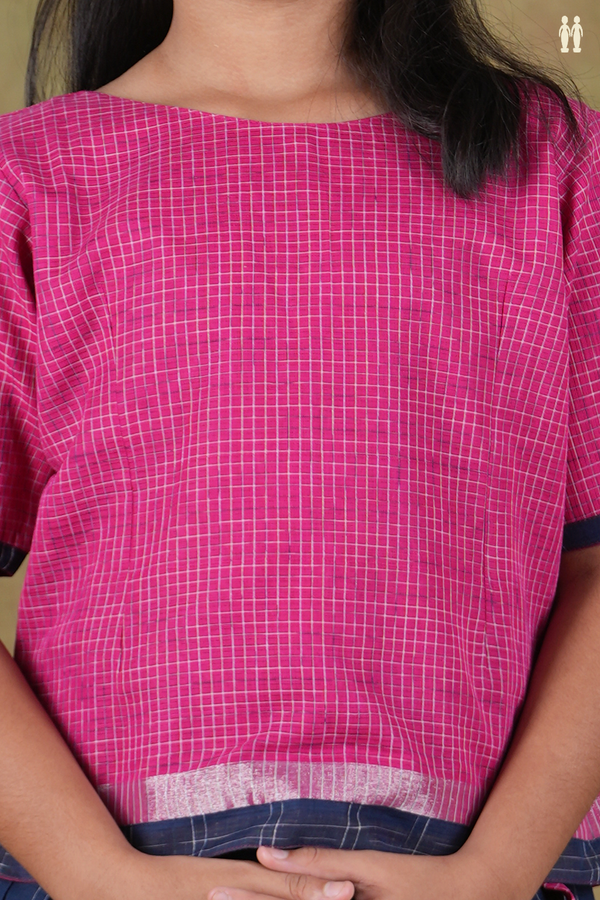 Checks Design Pink And Blue Cotton Pavadai Sattai