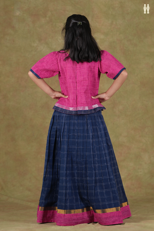 Checks Design Pink And Blue Cotton Pavadai Sattai