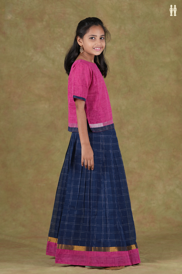 Checks Design Pink And Blue Cotton Pavadai Sattai